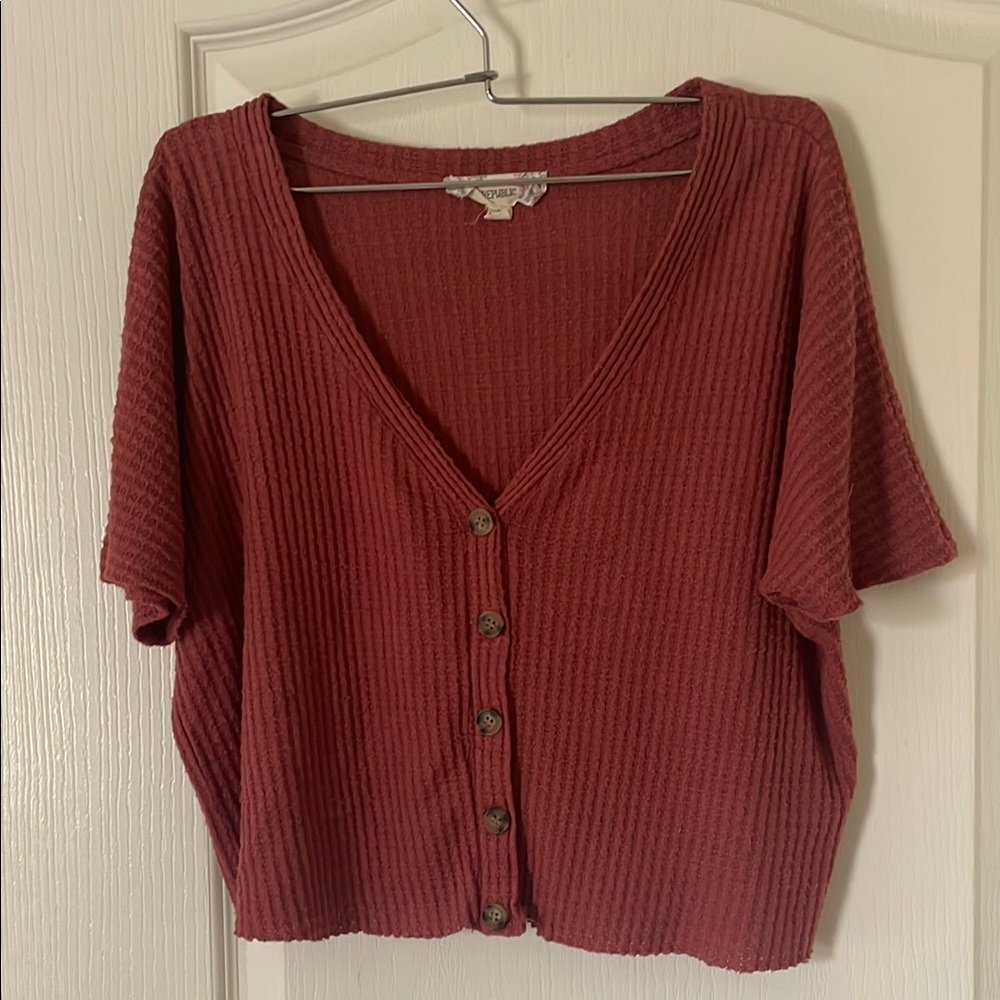 Waffle Knit Button-Up Top in Deep Red